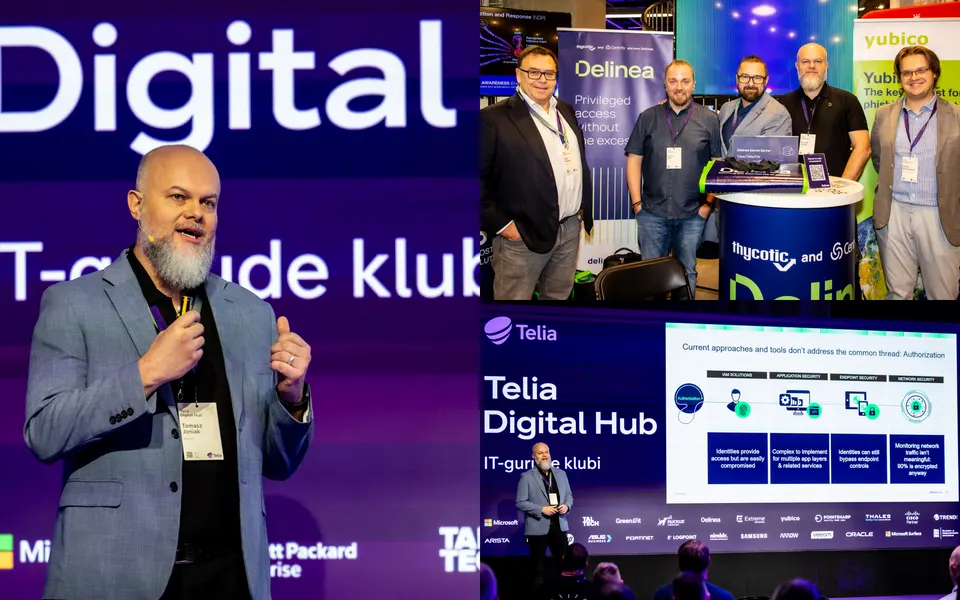 Tomasz Joniak speaking at Telia Digital Hub 2024 in Tallinn, with the Delinea booth team